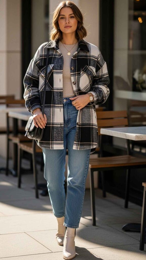 Cozy Plaid Shacket Over a Fitted Long-Sleeve and Straight Jeans