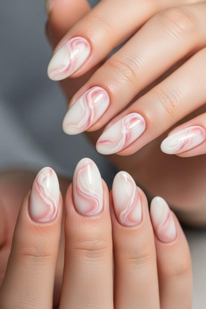 Cream and Blush Marble on Oval Nails