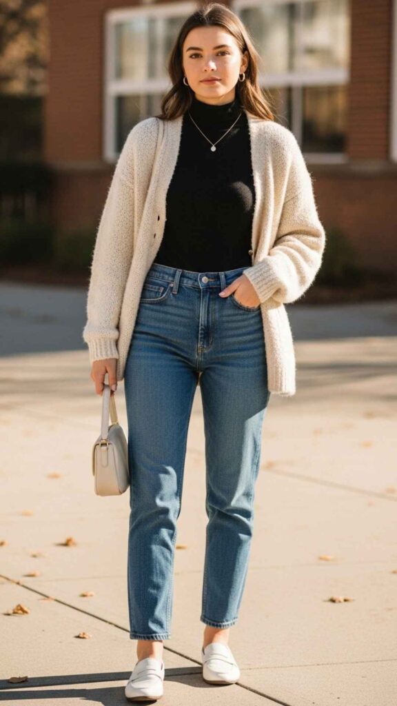 Cream Boucle Cardigan with Black Fitted Turtleneck and Straight Jeans