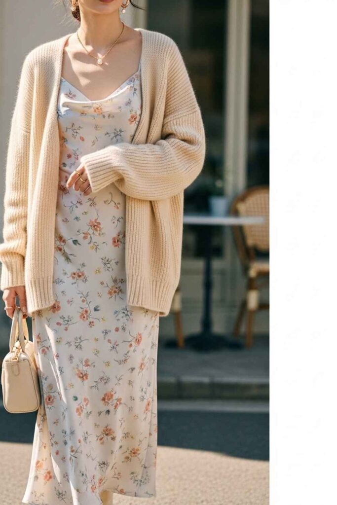 Cream Knit Cardigan Layered Over a Floral Slip Dress