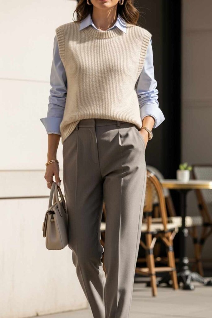 Cream Knit Vest Over a Long-Sleeve Collared Shirt With Tailored Trousers