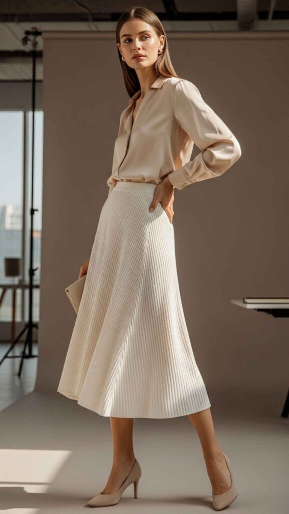 Cream Ribbed Midi Skirt with a Tucked-In Silk Blouse