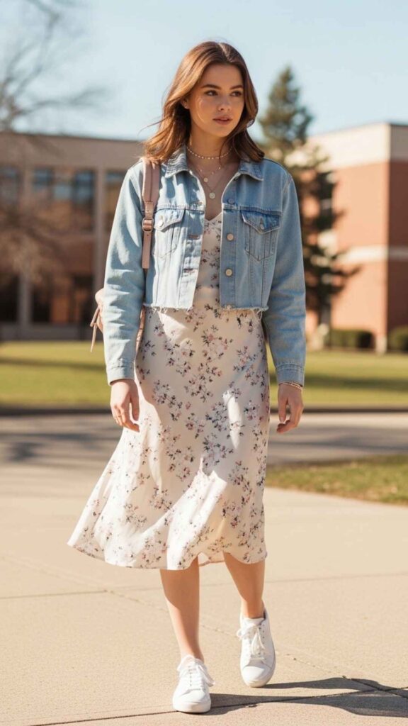 Cropped Denim Jacket Over a Floral Slip Dress with White Sneakers