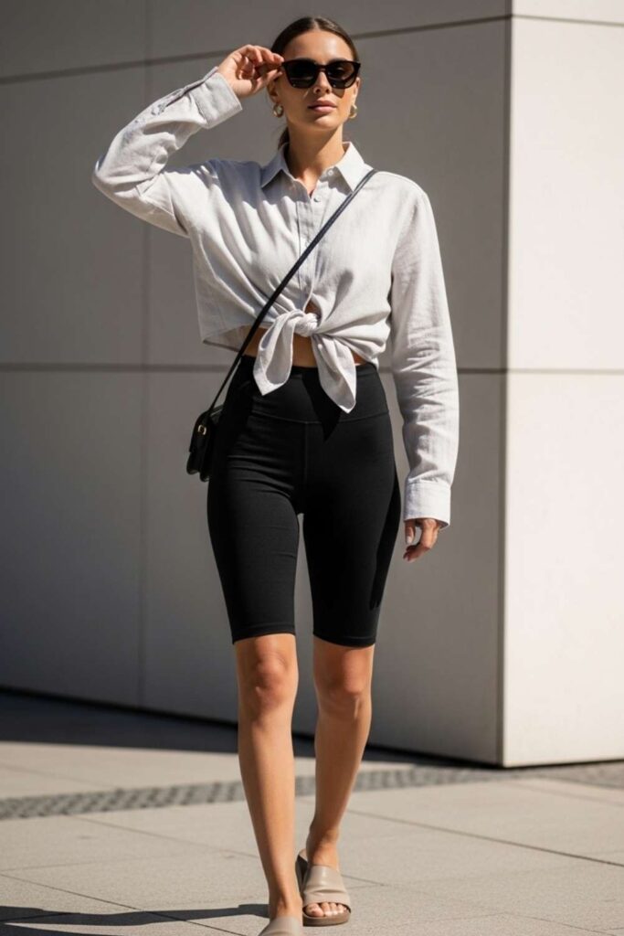 Cropped Linen Button-Down Over Bike Shorts