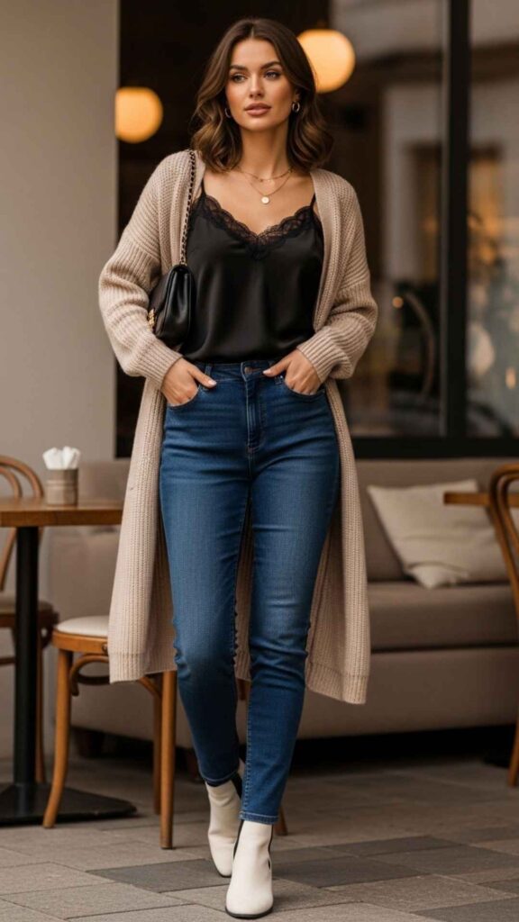 Dark Denim Jeans with a Black Satin Cami and a Longline Cardigan