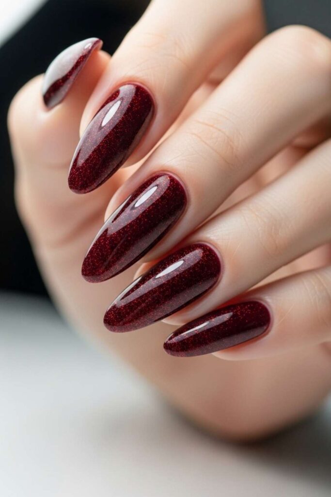 Deep Burgundy with Red Micro-Glitter Overlay
