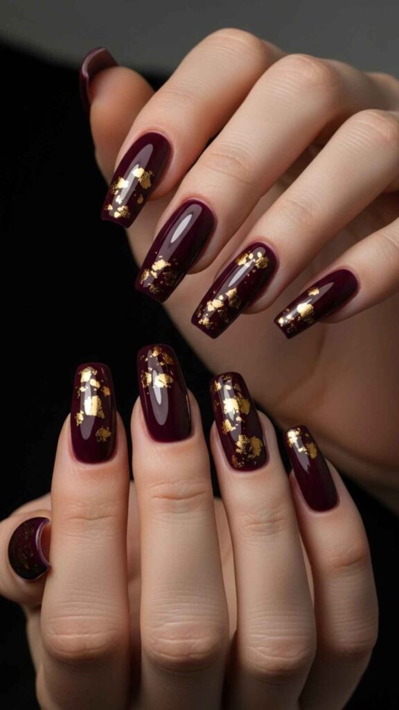 Deep Plum Ballerina Nails with Gold Foil Flecks
