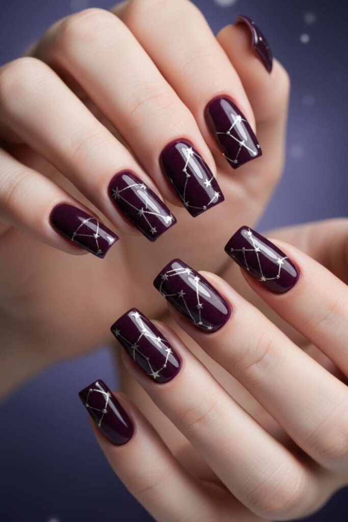 Deep Plum Square Nails with Silver Star Map Detailing