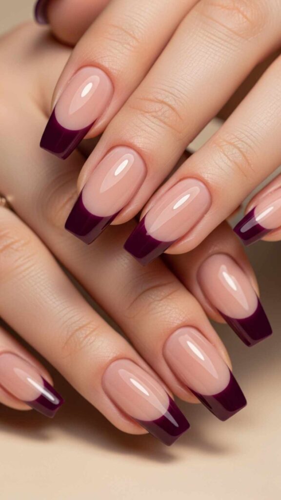 Deep Plum Tips with Glossy Nude Base