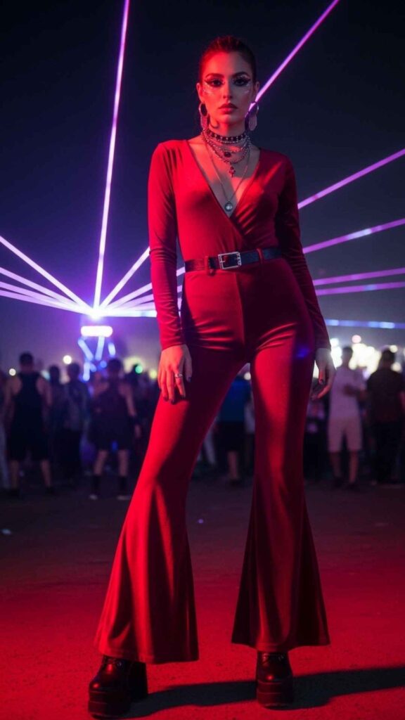 Deep Red Velvet Bodysuit with Wide-Leg Flares