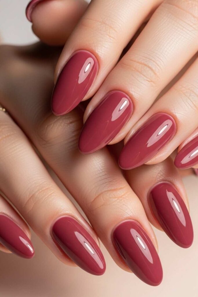 Deep Rose Almond Nails with Gloss