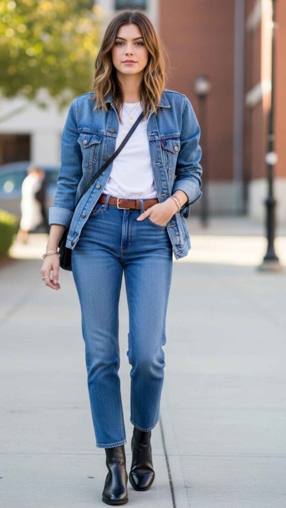 Denim-on-Denim with a Brown Belt, White Tee, and Chelsea Boots