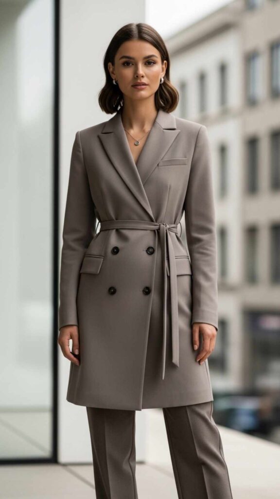 Double-Breasted Longline Blazer as a Dress Over Straight Trousers