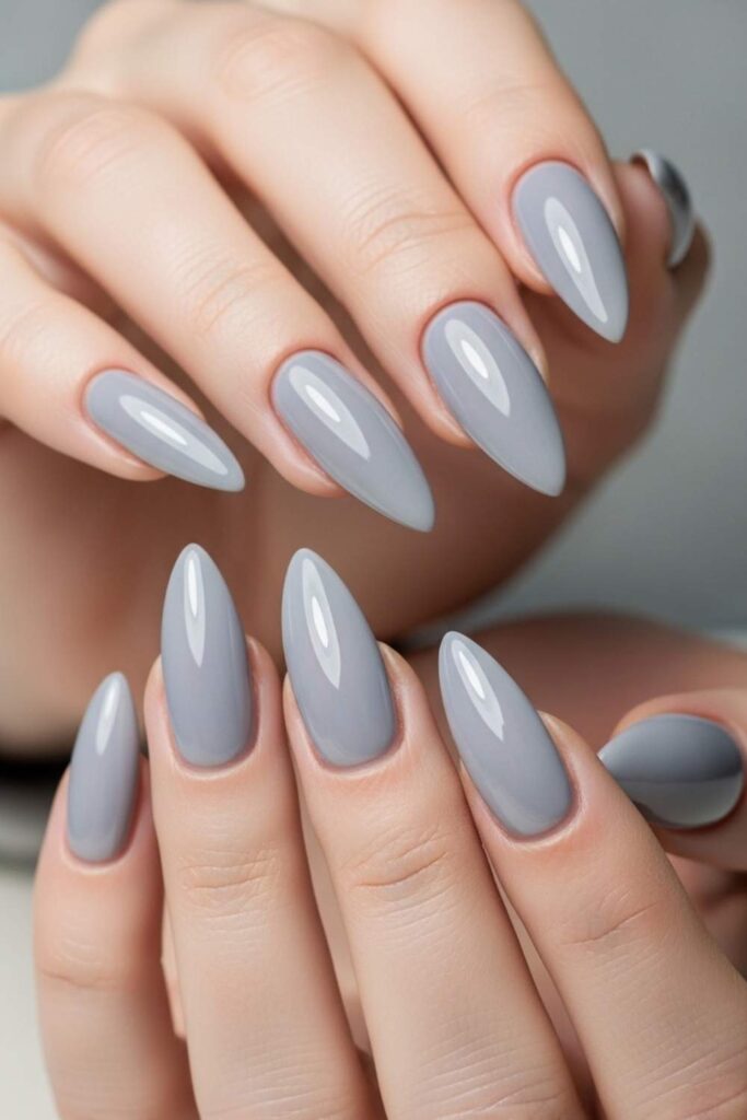 Dove Gray Stiletto Nails with a Chrome Sheen