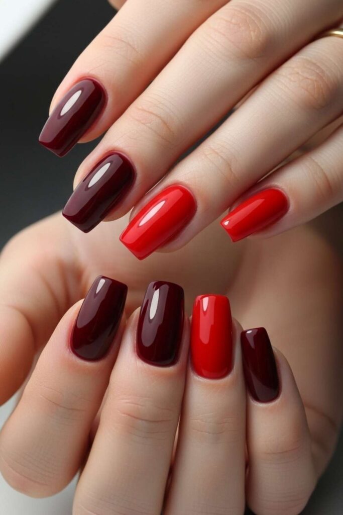 Dual-Tone Red Nails: Burgundy and Bright Red Mix