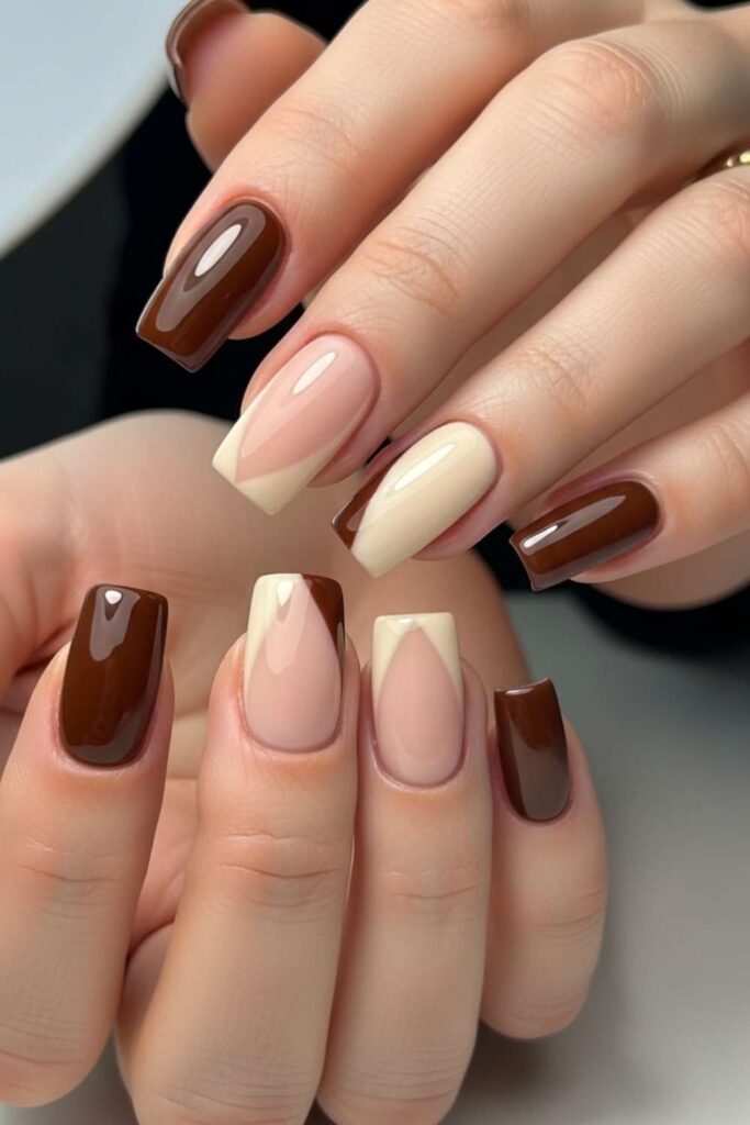 Dual-Tone Split Square Nails in Chocolate and Cream