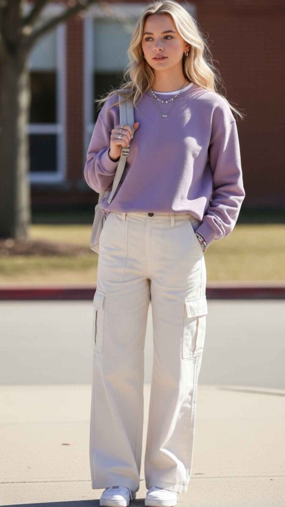 Dusty Lavender Crewneck with Ivory Wide-Leg Cargo Pants