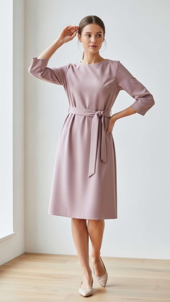 Dusty Mauve Shift Dress with a Belted Waist and Pointed Flats