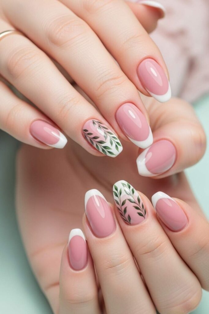 Dusty Pink with Green Leaf Detail and White Tip