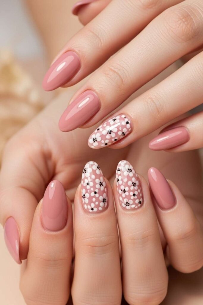 Dusty Rose Nails with Micro Floral Art