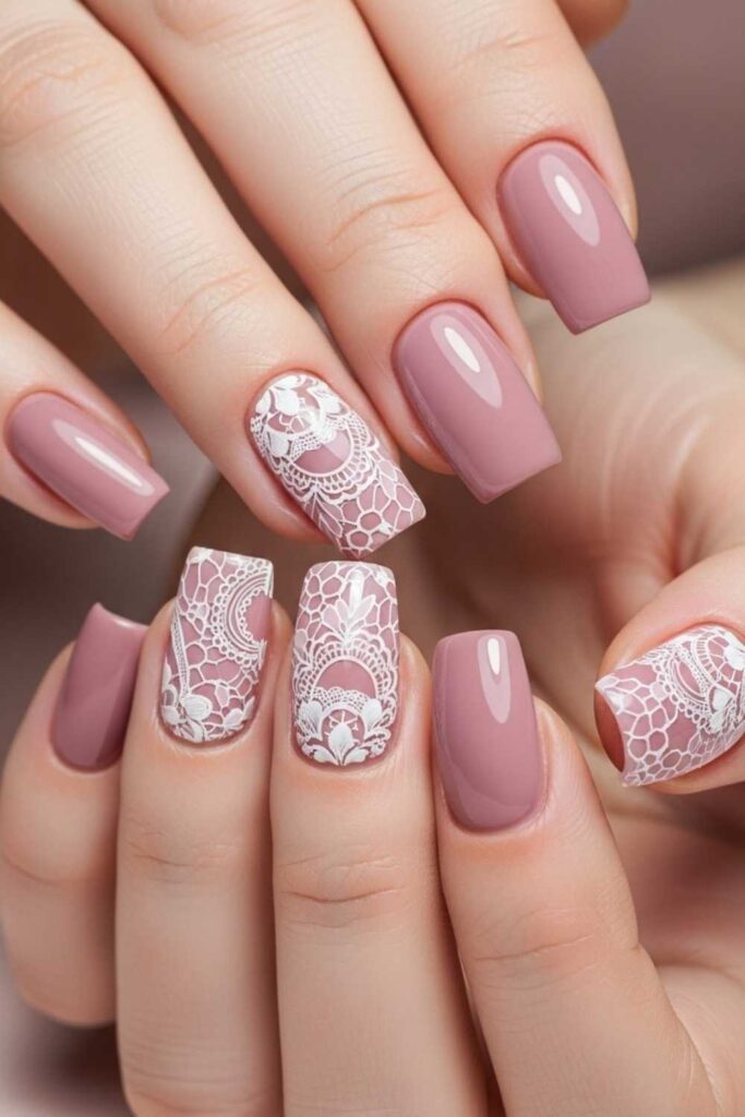 Dusty Rose Square Nails with Lace-Effect Detail