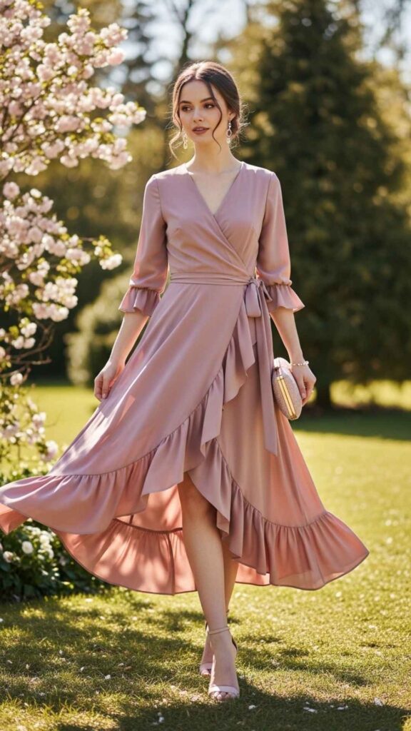 Dusty Rose Wrap Midi with Ruffle Hem
