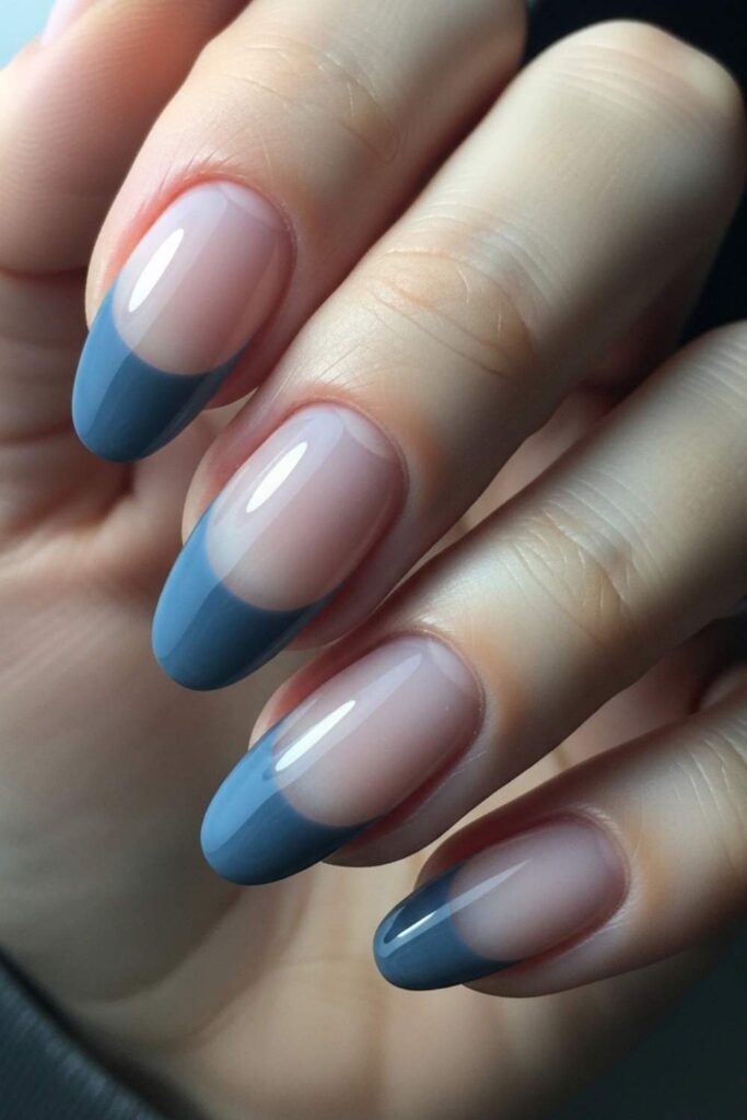 Dusty Slate Blue Tips on Bare Translucent Nails