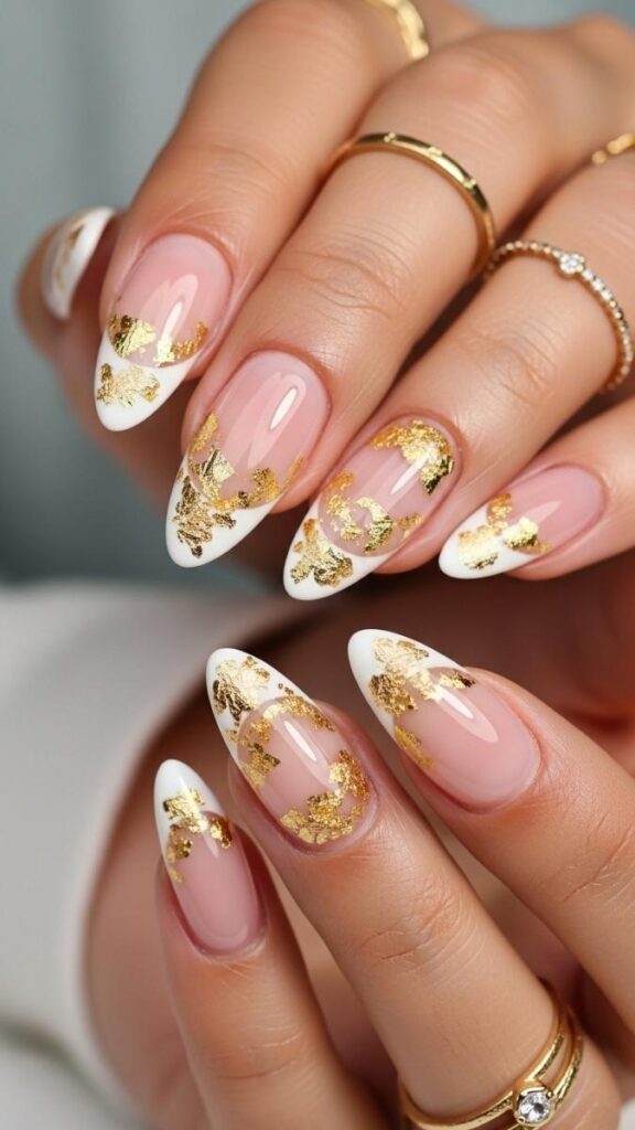 12 White French Tip Nails with Design Ideas That Look Effortlessly Expensive in 2026 33 Encapsulated White Tip with Gold Leaf Flakes