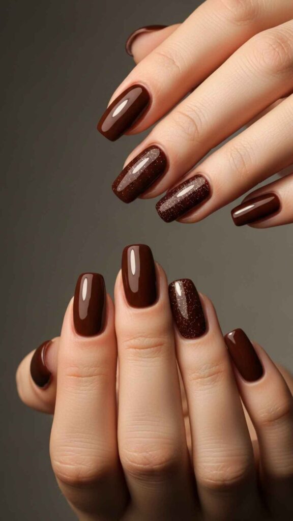 Espresso Brown Nails with Micro Glitter Accent