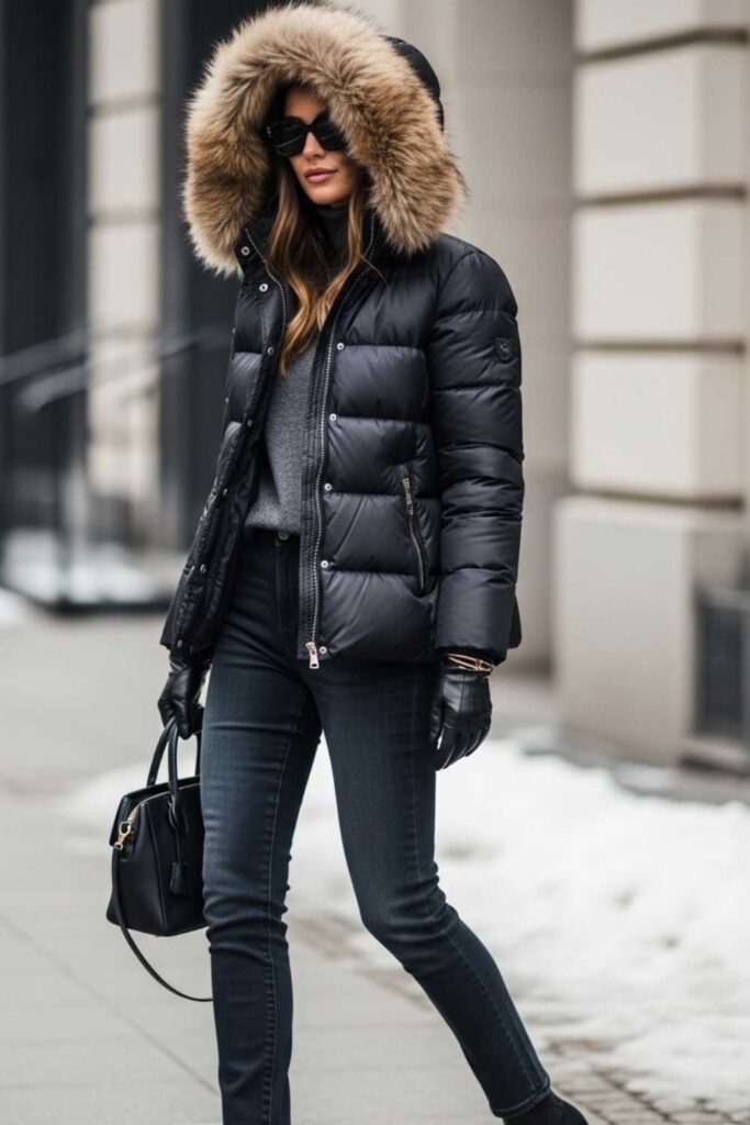 Faux Fur Trim Hood Puffer With Slim Jeans and Block-Heel Ankle Boots
