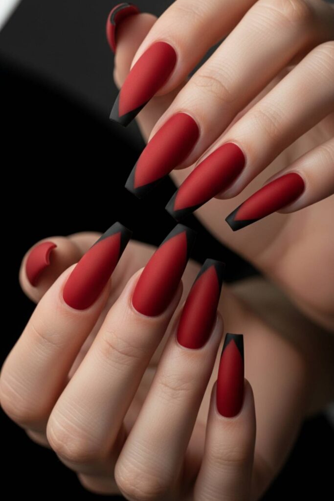 41 Long Acrylic Nail Designs for Baddies That Hit Different in 2026 13 Fire Red Coffin Nails with Matte Finish and Black Tips