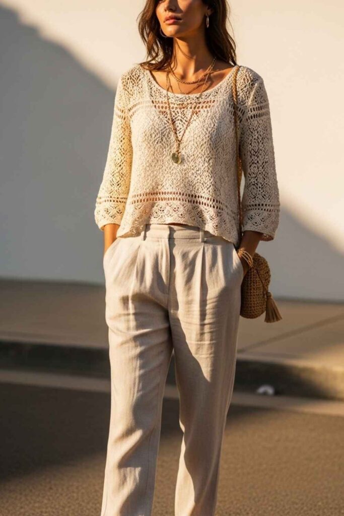 Flowy Cream Crochet Top with Low-Rise Linen Trousers and Barely-There Sandals