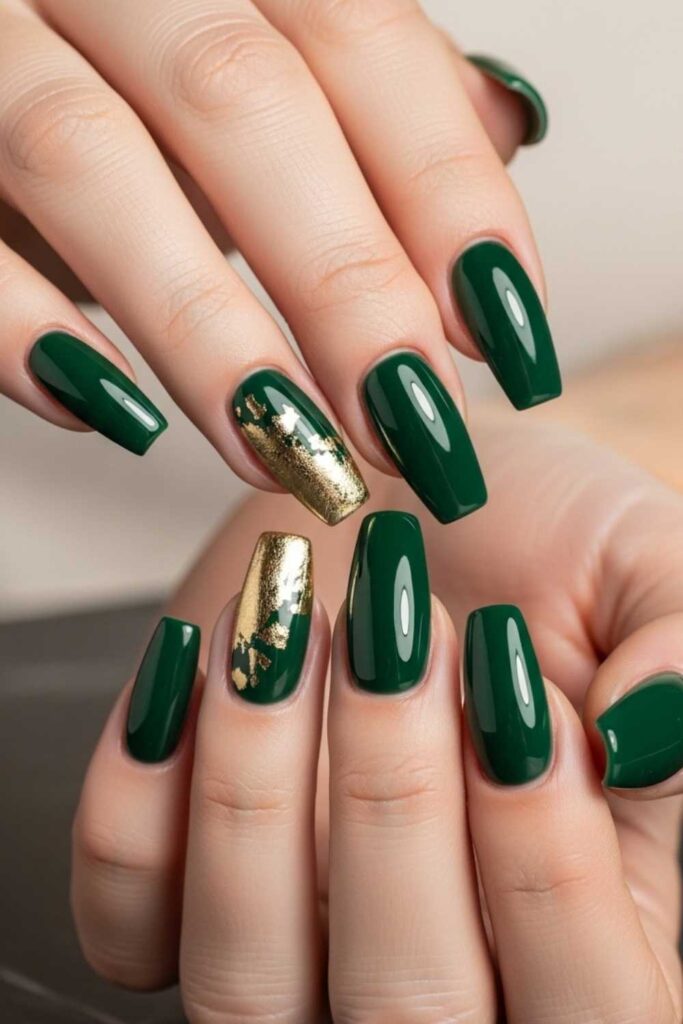 Forest Green Coffin Nails with Gold Foil Accents