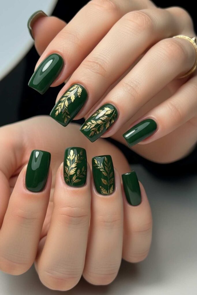 Forest Green Square Nails with Tiny Gold Botanical Prints