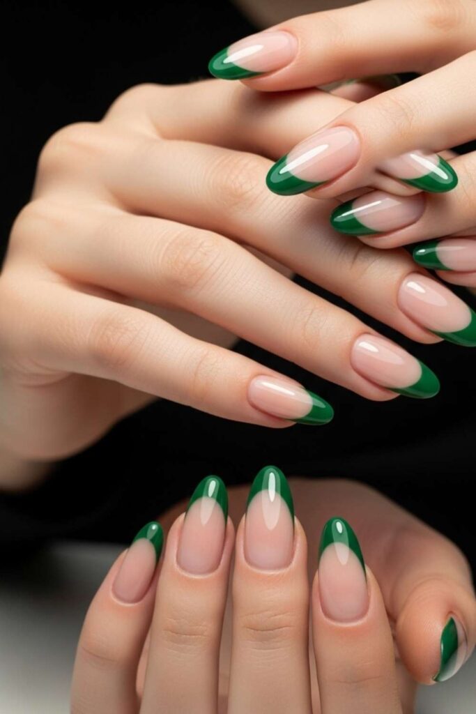 Forest Green Tips on Medium Almond Nails