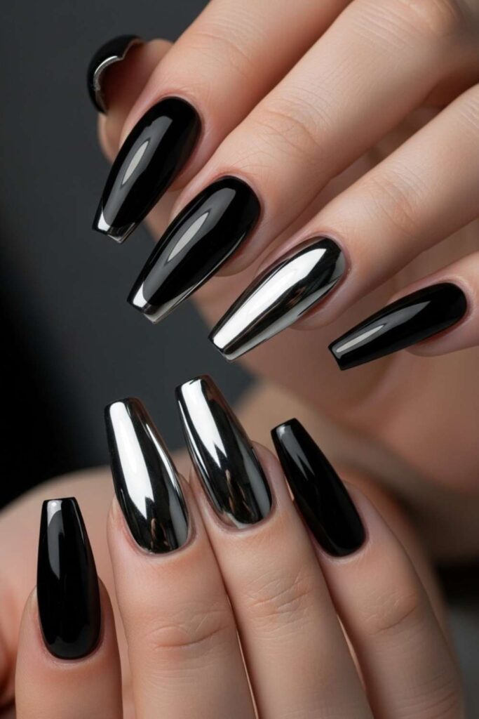 41 Long Acrylic Nail Designs for Baddies That Hit Different in 2026 7 French Tip Acrylics with Black and Chrome Reverse Design
