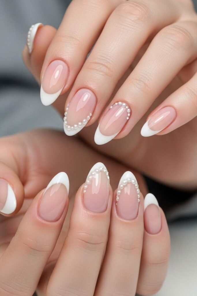 French Tips with Embedded Micro Pearls