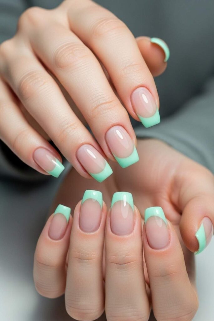 Frosted Mint Tips on Natural Length Nails