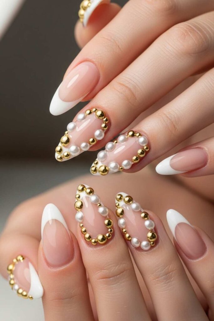 Full Glam French with Mixed Sizes of Gold Pearls