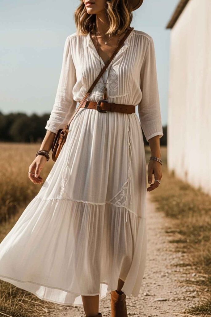 Gauzy Off-White Prairie Dress with Brown Leather Belt and Ankle Boots