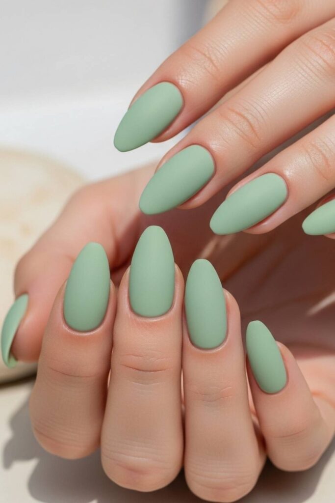 Gel Nails in Soft Sage Green with a Matte Finish