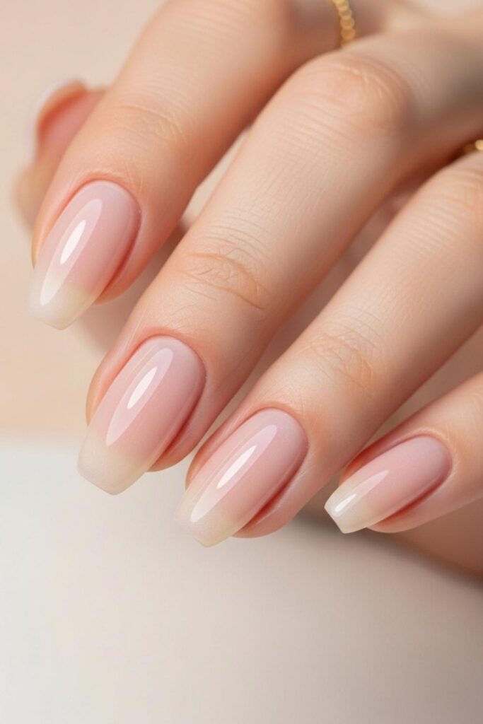 15 Natural Gel Nails Ideas That Look Expensive Without Trying Too Hard 3 Glazed Donut Sheer Pink with Subtle Chrome Shift