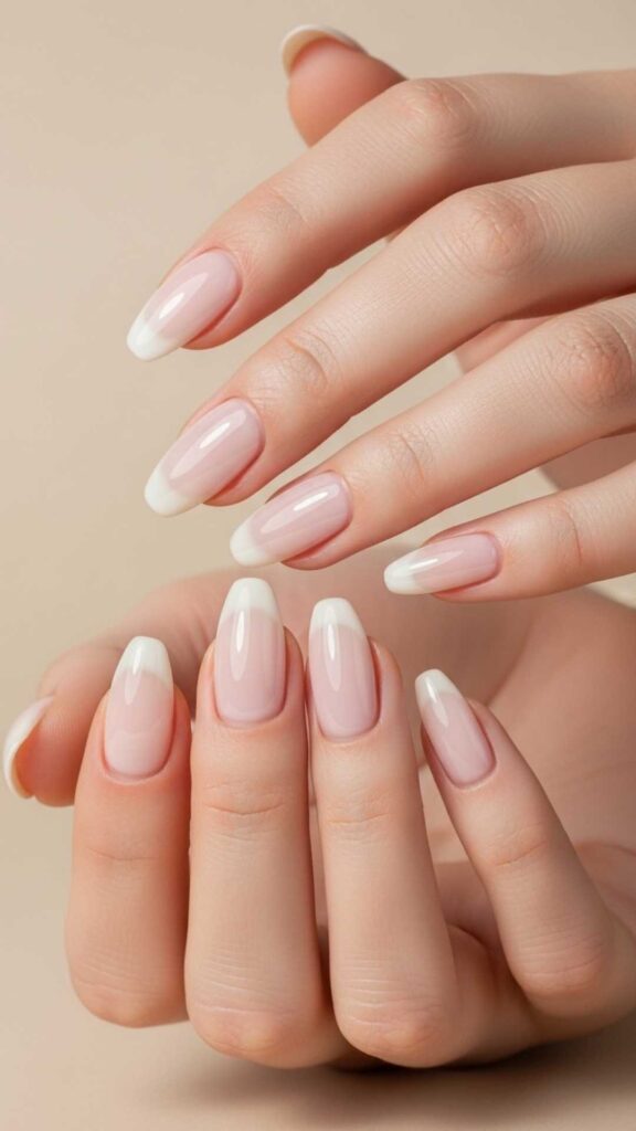 Glazed Milk Almond Nails with a Sheer Overlay