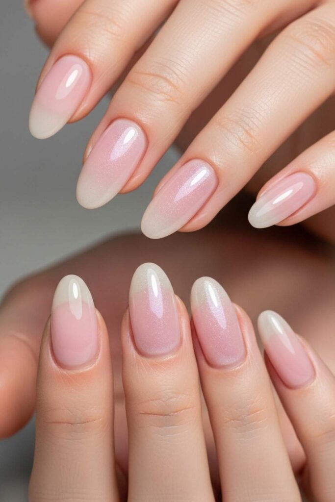 Glazed Milky Pink Oval Nails with Pearl Shimmer