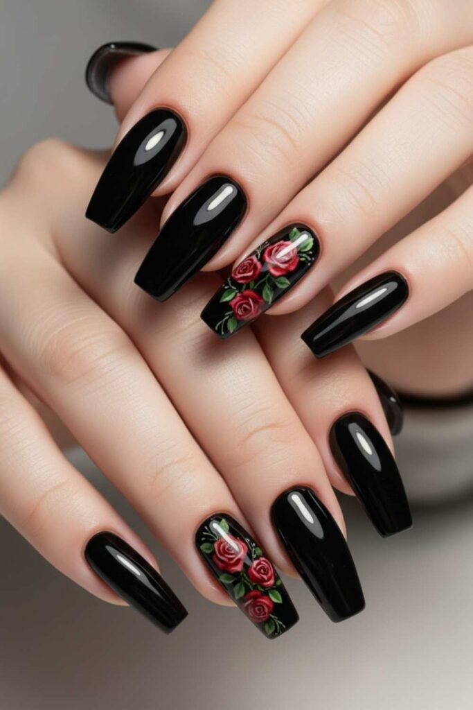 41 Long Acrylic Nail Designs for Baddies That Hit Different in 2026 15 Glossy Black Acrylics with Red Rose Micro-Art