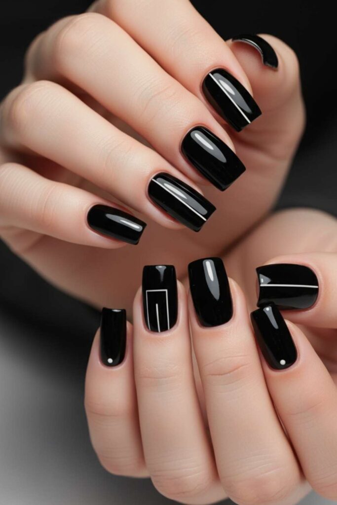 Glossy Black Square Nails with Minimal White Detail Line