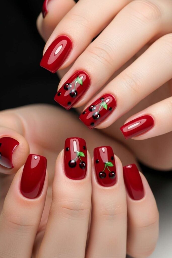 30 Nails That Bring 90s Art Back And Make It Look Better Than Ever 3 Glossy Cherry Red with Black Cherry Nail Art