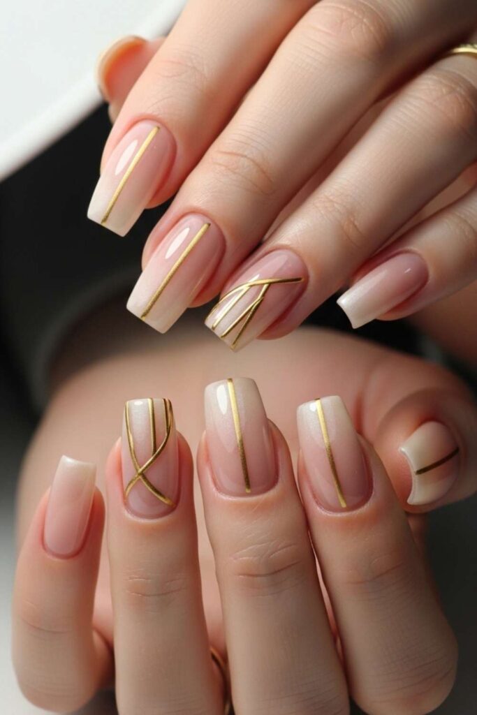 Glossy Nude Almond-Finish Square with Thin Gold Line