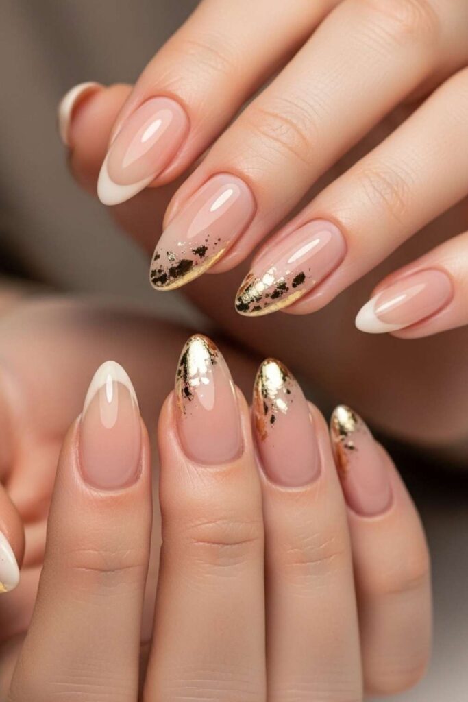 Glossy Nude Almond Tips with Pressed Gold Foil