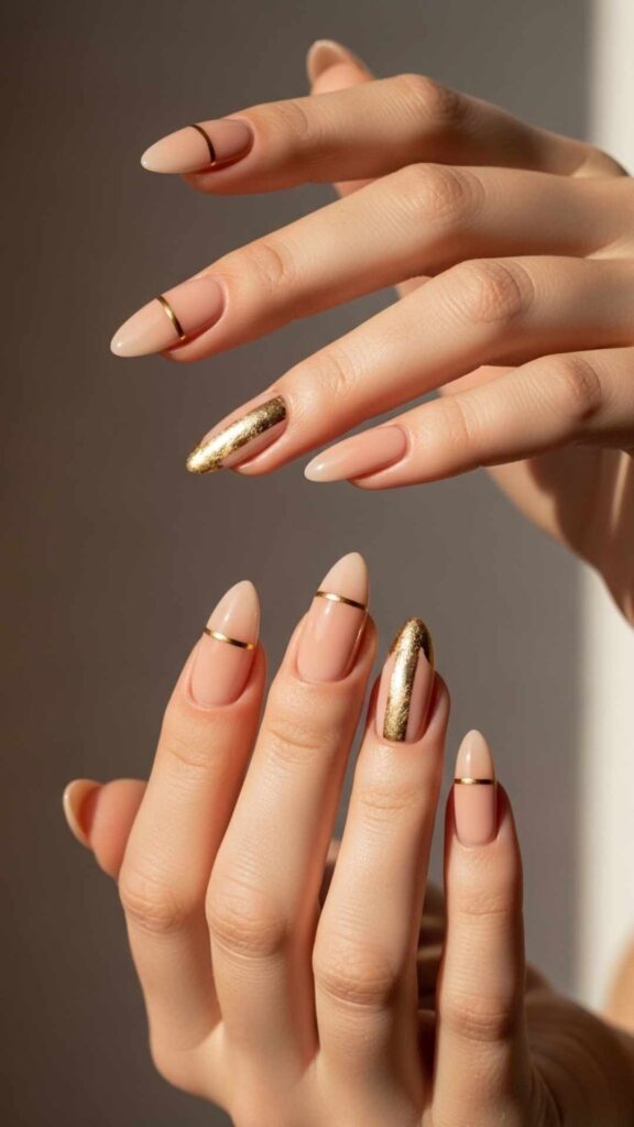 Glossy Nude Almond with Thin Gold Foil Strips